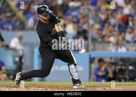 Los Angeles, California, USA. August 23, 2019: New York Yankees second baseman Gleyber Torres (25) homers during the game between the New York Yankees and the Los Angeles Dodgers at Dodger Stadium in Los Angeles, CA. (Photo by Peter Joneleit) Credit: Cal Sport Media/Alamy Live News Stock Photo