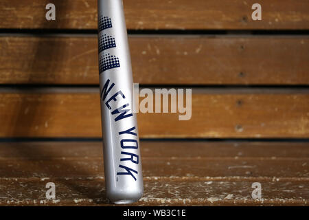 Los Angeles, California, USA. August 23, 2019: A player's bat rests in the dugout during the game between the New York Yankees and the Los Angeles Dodgers at Dodger Stadium in Los Angeles, CA. (Photo by Peter Joneleit) Credit: Cal Sport Media/Alamy Live News