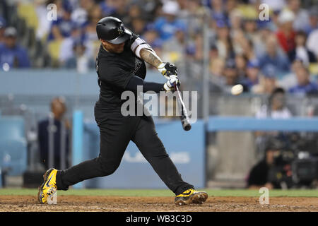 Los Angeles, California, USA. August 23, 2019: New York Yankees catcher Gary Sanchez (24) homers during the game between the New York Yankees and the Los Angeles Dodgers at Dodger Stadium in Los Angeles, CA. (Photo by Peter Joneleit) Credit: Cal Sport Media/Alamy Live News Stock Photo