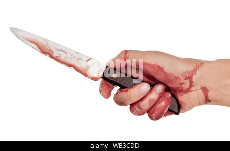Bloody hand with knife isolated on white. Female. Stock Photo