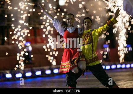 Moscow, Russia. 23rd Aug, 2019. Dancers perform during the opening day of 'Spasskaya Tower' International Military Music Festival in Moscow, Russia, on Aug. 23, 2019. The annual military music festival opened on Friday on the Red Square in Moscow, and will run until September 1. Credit: Bai Xueqi/Xinhua/Alamy Live News Stock Photo