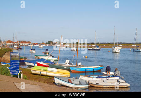 A view of pleasure craft  moored and at anchor in the channel east of the harbour at Wells-next-the-Sea, Norfolk, England, United Kingdom, Europe. Stock Photo