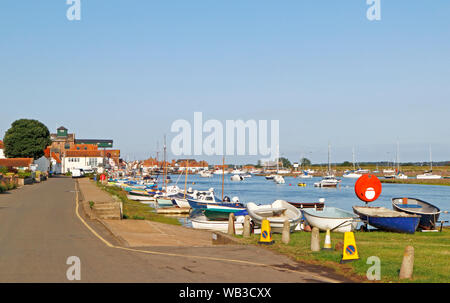 Small boats tied-up in the east end of the channel at the port of Wells-next-the-Sea, Norfolk, England, United Kingdom, Europe. Stock Photo