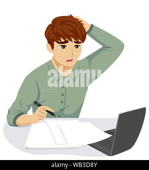 Illustration of a Teenage Guy Scratching His Head While Working on Paper and Laptop Stock Photo