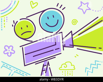 Illustration of a Film Projector with Happy and Sad Smiley with Different Kiddie Doodles Stock Photo