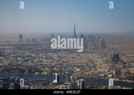 UNITED ARAB EMIRATES, DUBAI, CIRCA 2019 : aerial view on the skyline of Dubai with view of Burj Khalifa. Stock Photo