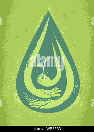 Abstract Illustration of Water Drop with Hands Holding a Seedling Plant Stock Photo