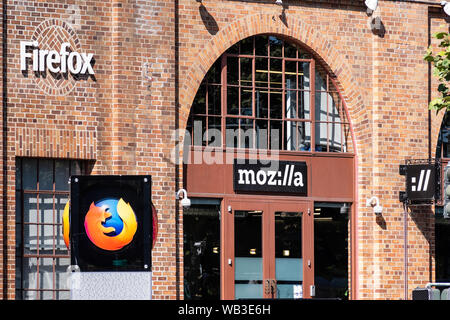 August 21, 2019 San Francisco / CA / USA - Mozilla office building, displaying the Firefox logo and symbol and the stylized company name ( moz://a ); Stock Photo