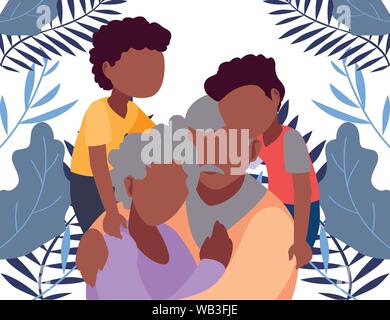 grandpa and grandma hugging with their grandchildrens - happy grandparents day vector illustration Stock Vector