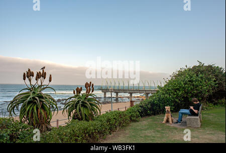 DURBAN SOUTH AFRICA - AUGUST 23 2019: Man using smartphone, sitting on a bench, with his dog, on the promenade at the beach in Umhlanga Rocks near Dur Stock Photo