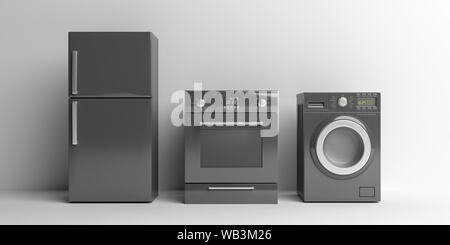 Home appliances set black color against white background. Fridge, electric stove and washing dryer machine. 3d illustration Stock Photo