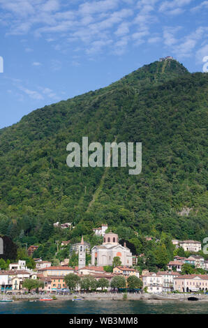 LAVENO, LAKE MAGGIORE, ITALY. 16th August 2019. The mountain of Sasso del Ferro viewed from Lake Maggiore. The mountain has a famous open cablecar tha Stock Photo