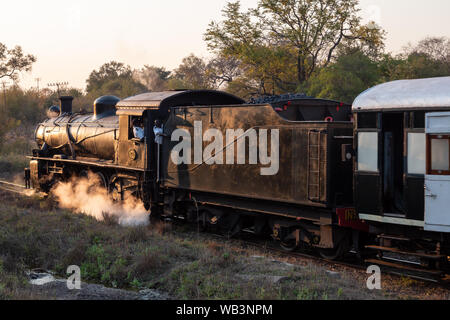 Victoria Falls, Zimbabwe - August 2 2019: Steam Train with Engine at Victoria Falls, pulled by Zambia Railways Steam locomotive 204. Stock Photo