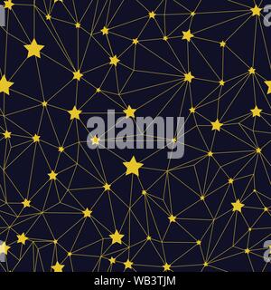 Triangle gold mesh seamless pattern with stars on a dark background Stock Vector