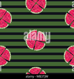 Low poly watermelons on a green striped background vector seamless ...