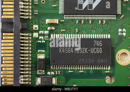 TIMISOARA, ROMANIA - MARCH 30, 2019: Close-up of a Samsung SDRAM microprocessor Stock Photo