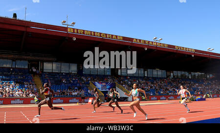 A general view of the fifth heat of the Women's 100 metres in front of the Main Stand, which is due to be demolished after the championships during day one of the Muller British Athletics Championships at Alexander Stadium, Birmingham. Stock Photo