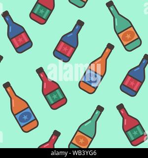 Seamless pattern with wine bottles on green background. Design for wallpaper, gift paper, pattern fills, web page background, greeting cards. Stock Vector