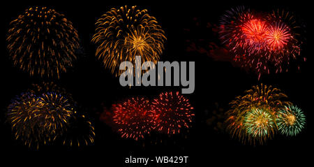 multicolored flashes of festive salute isolated on black background, six options Stock Photo