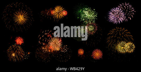 multicolored flashes of festive salute isolated on black background, eight options Stock Photo