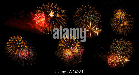 multicolored flashes of festive salute isolated on black background, six options Stock Photo