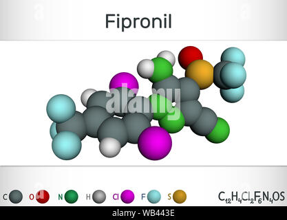 Fipronil, broad-spectrum insecticide molecule. It is used to fight ants, beetles, cockroaches, fleas, ticks, termites and other insects. Molecular mod Stock Photo