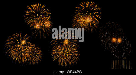 multicolored flashes of festive fireworks isolated on black background, five options Stock Photo