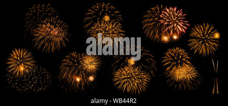 multicolored flashes of festive fireworks isolated on black background, eight options Stock Photo