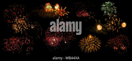 multicolored flashes of festive fireworks isolated on black background, eight options Stock Photo