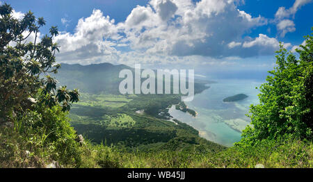 view on coast line from a trail to le morne mountain top on Mauritius island Stock Photo