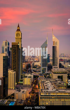 Bird's eye view of Dubai Financial District skyline at sunset Stock Photo