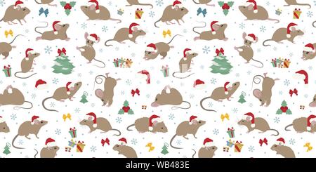 Mice christmas seamless pattern. Mouse poses and exercises. Cute cartoon new year clipart set. Vector illustration Stock Vector