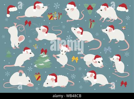 Different mice christmas collection. Mouse poses and exercises. Cute cartoon new year clipart set. Vector illustration Stock Vector