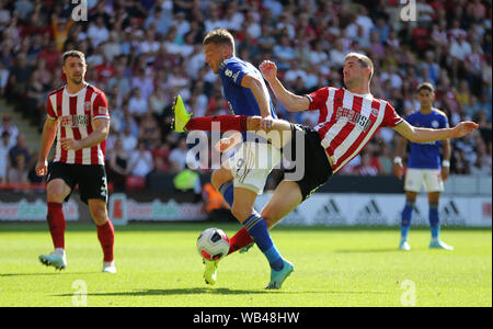 Sheffield, Uk. 24th August, 2019. Jamie Vardy, Chris Basham, Sheffield United Fc V Leicester City Fc Premier League, 2019 Credit: Allstar Picture Library/Alamy Live News Editorial Use Only, License Required For Commercial Use. No Use In Betting, Games Or A Single Club/League/Player Publications. Credit: Allstar Picture Library/Alamy Live News Stock Photo