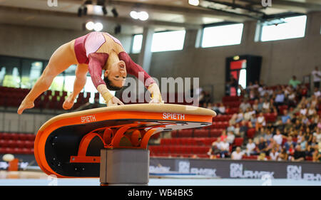 Stuttgart, Germany. 24th Aug, 2019. Gymnastics: 1st World Cup qualification, women in the Scharrena Stuttgart. Kim Bui jumping. Credit: Christoph Schmidt/dpa/Alamy Live News Stock Photo