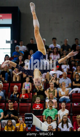 Stuttgart, Germany. 24th Aug, 2019. Gymnastics: 1st World Cup qualification, women in the Scharrena Stuttgart. Emelie Petz is playing on uneven bars. Credit: Christoph Schmidt/dpa/Alamy Live News Stock Photo