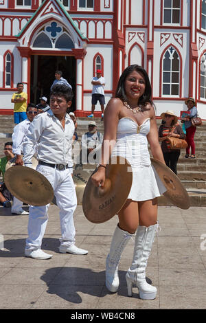 Band of a Morenada Dance Group performing during a street parade at the annual Andean Carnival in Arica, Chile Stock Photo