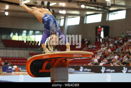 Stuttgart, Germany. 24th Aug, 2019. Gymnastics: 1st World Cup qualification, women in the Scharrena Stuttgart. Elisabeth Seitz jumping. Credit: Christoph Schmidt/dpa/Alamy Live News Stock Photo