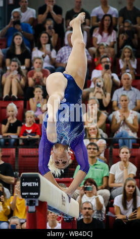 Stuttgart, Germany. 24th Aug, 2019. Gymnastics: 1st World Cup qualification, women in the Scharrena Stuttgart. Elisabeth Seitz performs on uneven bars. Credit: Christoph Schmidt/dpa/Alamy Live News Stock Photo