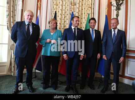 (left to right) Prime Minister Boris Johnson German Chancellor Angela Merkel, French President Emmanuel Macron, Italian Prime Minister Giuseppe Conte and President of the European Council Donald Tusk, at the EU meeting during the G7 summit in Biarritz, France. Stock Photo