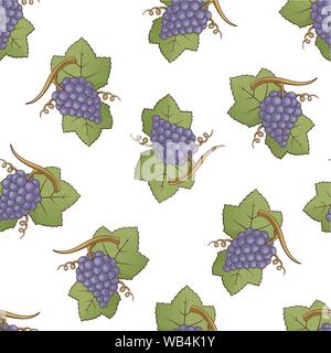 Purple grapes with leaves colored illustration seamless pattern background with engraving shading. Stock Vector