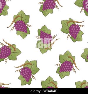 Red grapes with leaves colored illustration seamless pattern background with engraving shading. Stock Vector