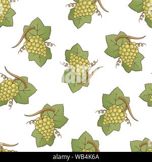 White grapes with leaves colored illustration seamless pattern background with engraving shading. Stock Vector