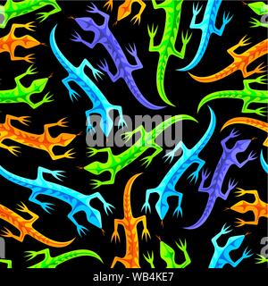 Tribal lizards seamless pattern tile isolated on black background. Four colored icons. Blue, green, mauve and orange. Stock Vector