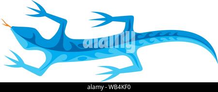 Blue lizard icon with tribal shapes on body isolated on white background. Stock Vector