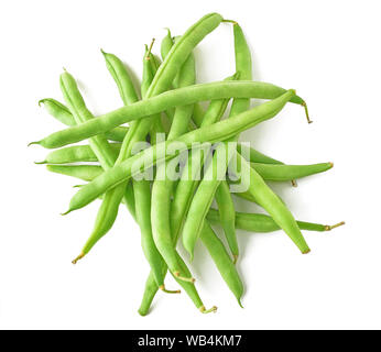 Isolated beans. Pile of raw green beans (haricot), top view, isolated on white background Stock Photo