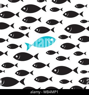 A flock of fish. Shoal of fish illustration with one differen fish inside. "Be different" concept. Stock Vector