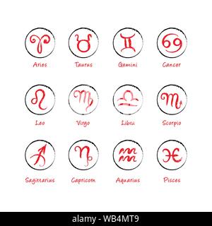 Vector set of hand drawn zodiac signs. Minimalistic zodiac circle icons on white background. Stock Vector