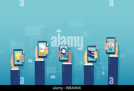 Concept for mobile apps multifunction. Vector of multiple hands holding smartphone using different mobile applications. Stock Vector