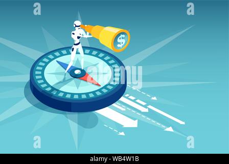 Business direction and technological innovation concept. Vector of a robot standing on compass searching for financial opportunities. Stock Vector